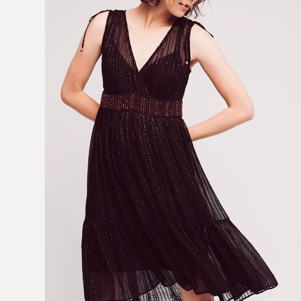 Anthropologie Black & Gold Metallic, Midi Dress by Floriat Size Small - Picture 16 of 16